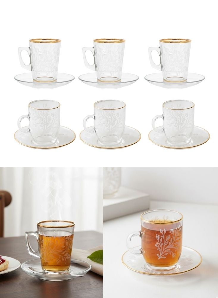 بريميم طقم فناجين شاي زجاجية بنقوش زهرية مع صحون مكوّن من ست قطع بحواف ذهبية - Image 1